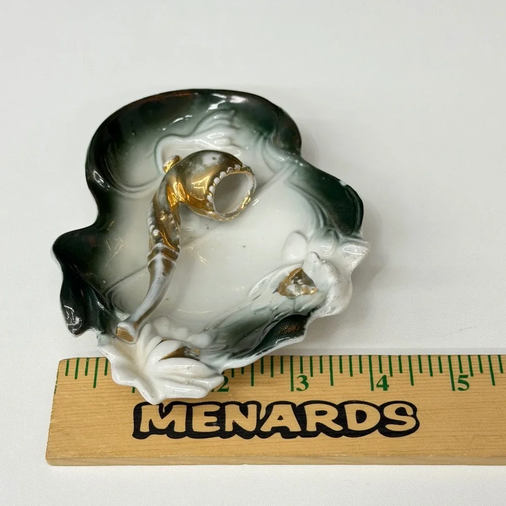 Vintage Porcelain Pipe Ashtray Trinket Dish Green Ombre Gold Gilt Figural 4.5